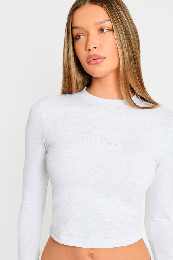 Kaiia Embossed Logo Long Sleeve Baby Tee Light Grey Marl