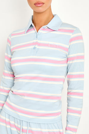Kaiia Striped Long Sleeve Polo Top Baby Pink & Baby Blue