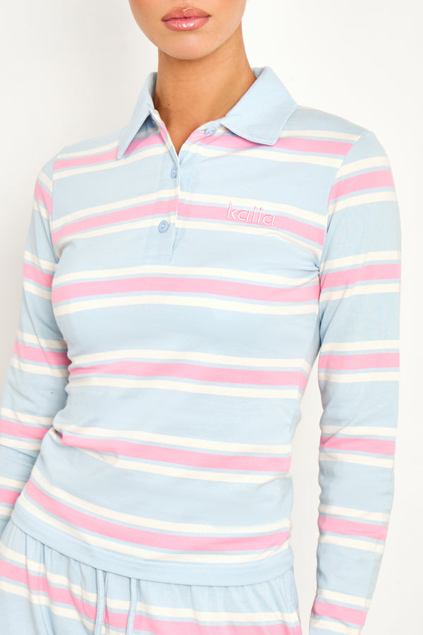 Kaiia Striped Long Sleeve Polo Top Baby Pink & Baby Blue