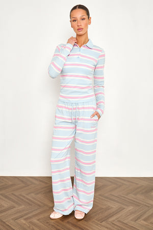 Kaiia Striped Long Sleeve Polo Top Baby Pink & Baby Blue