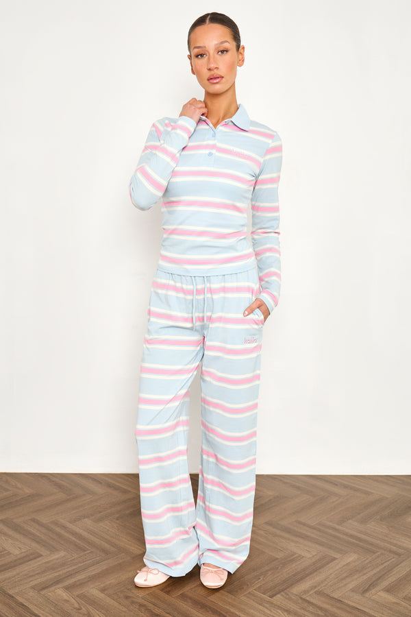 Kaiia Striped Long Sleeve Polo Top Baby Pink & Baby Blue