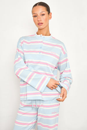 Kaiia Striped Button Up Oversized T-shirt Baby Pink & Baby Blue