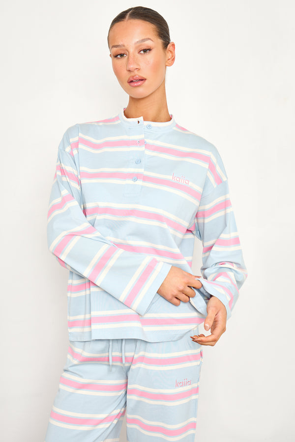 Kaiia Striped Button Up Oversized T-shirt Baby Pink & Baby Blue