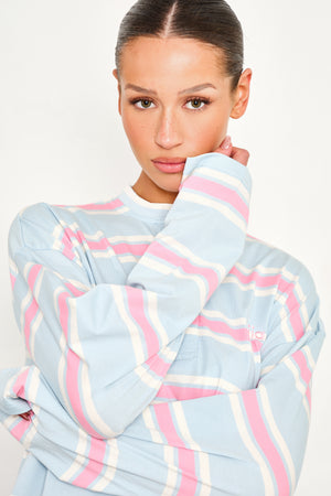 Kaiia Striped Button Up Oversized T-shirt Baby Pink & Baby Blue