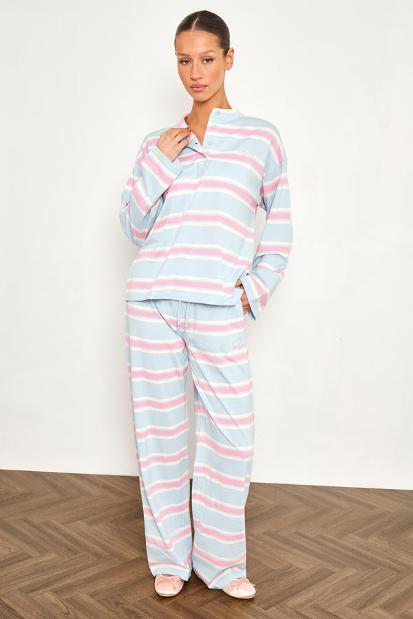 Kaiia Striped Button Up Oversized T-shirt Baby Pink & Baby Blue