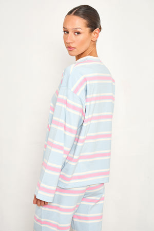 Kaiia Striped Button Up Oversized T-shirt Baby Pink & Baby Blue
