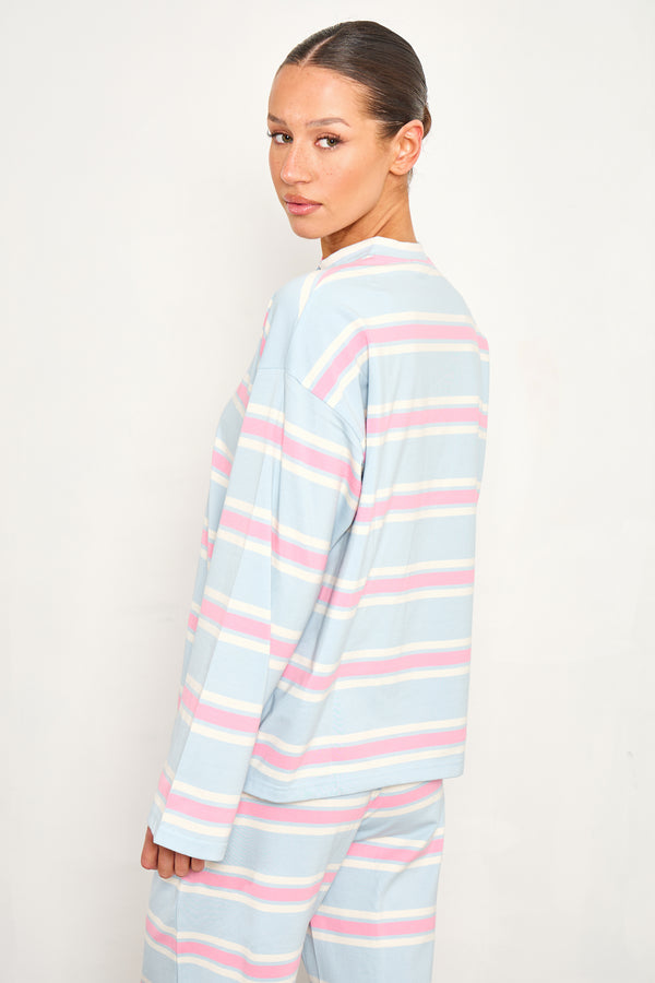 Kaiia Striped Button Up Oversized T-shirt Baby Pink & Baby Blue