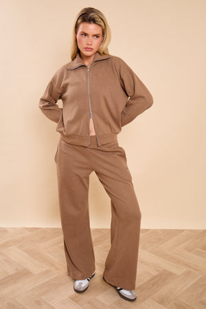 Kaiia Supersoft Slouchy Zip Up Top Taupe
