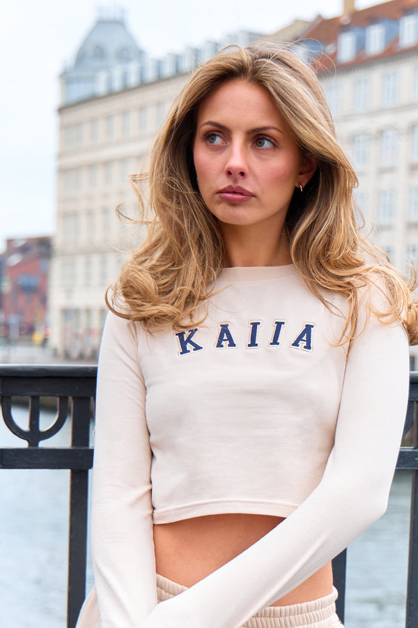Kaiia Slogan Long Sleeve Baby Tee Cream & Navy