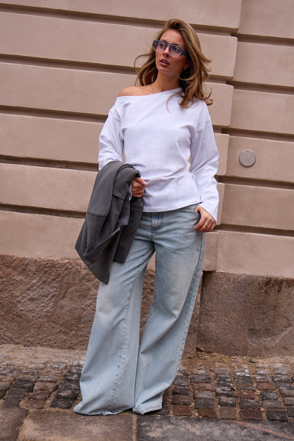 Kaiia Cinched Waist Off the Shoulder Top White
