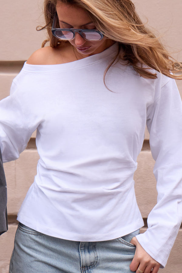 Kaiia Cinched Waist Off the Shoulder Top White