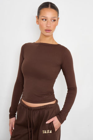 Kaiia Cotton Slash Neck Long Sleeve Top Bitter Chocolate