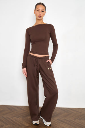 Kaiia Cotton Slash Neck Long Sleeve Top Bitter Chocolate