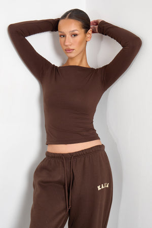 Kaiia Cotton Slash Neck Long Sleeve Top Bitter Chocolate