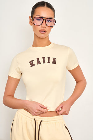 Kaiia Slogan Baby Tee Butter Yellow & Brown
