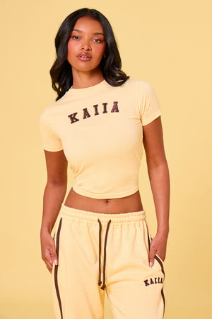 Kaiia Slogan Baby Tee Butter Yellow & Brown