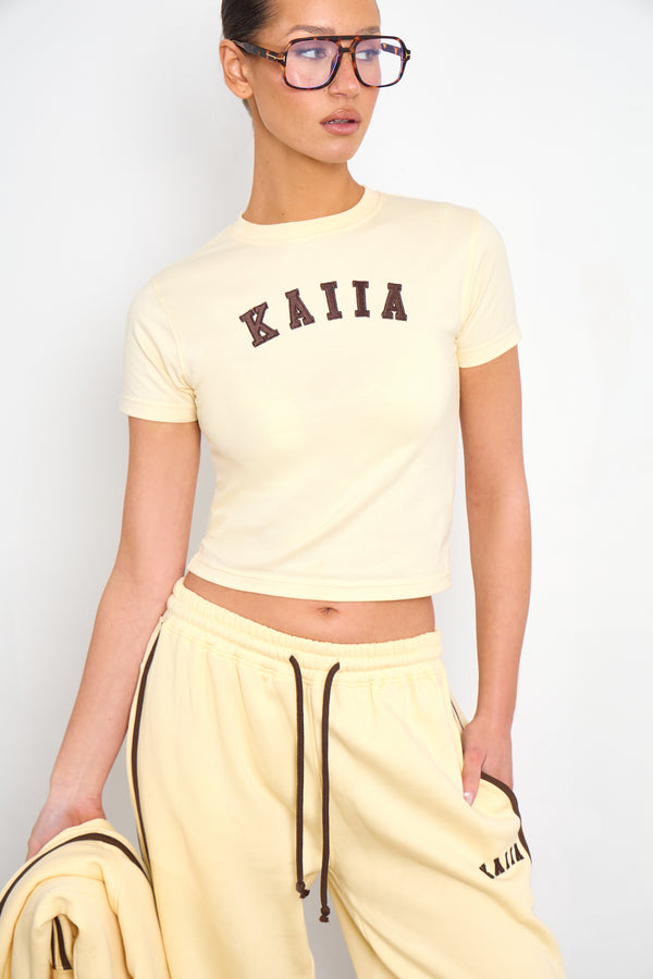Kaiia Slogan Baby Tee Butter Yellow & Brown