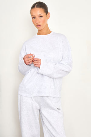 Kaiia Cotton Long Sleeve Oversized T Shirt Light Grey Marl