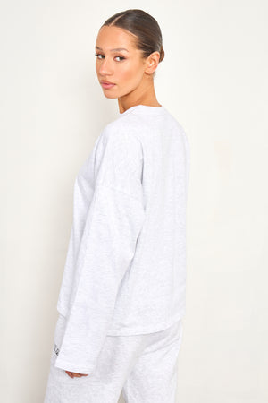 Kaiia Cotton Long Sleeve Oversized T Shirt Light Grey Marl