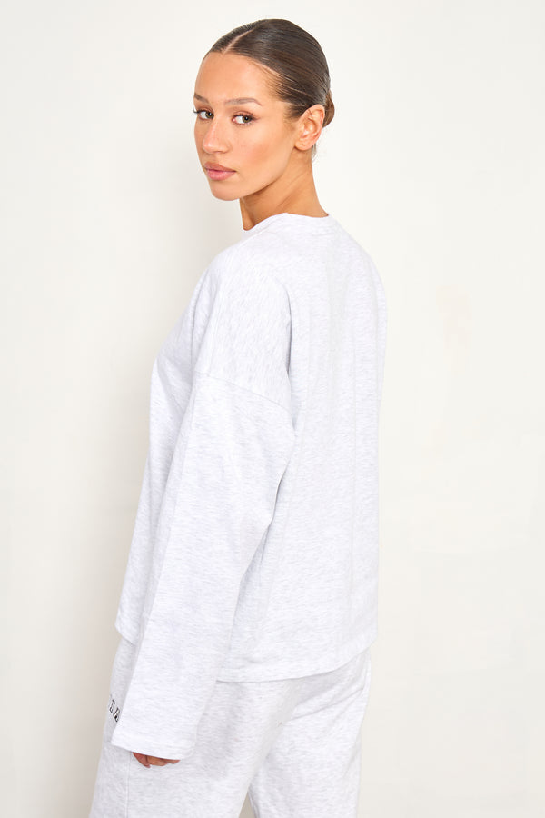 Kaiia Cotton Long Sleeve Oversized T Shirt Light Grey Marl