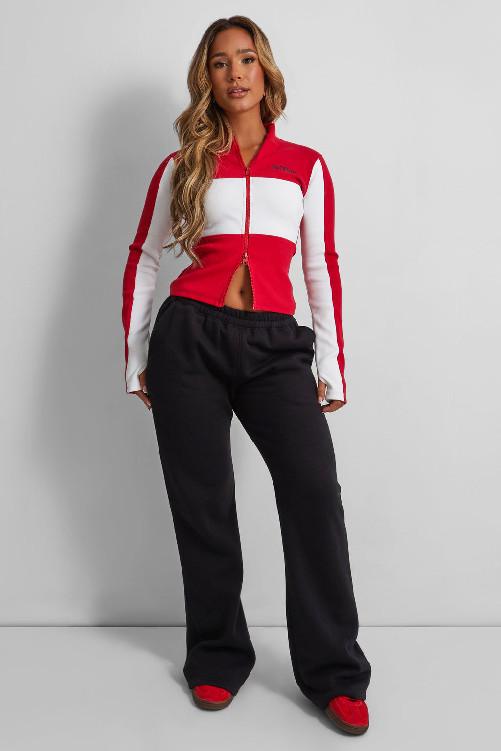 Kaiia Motocross Zip Through Ribbed Long Sleeve Top Red