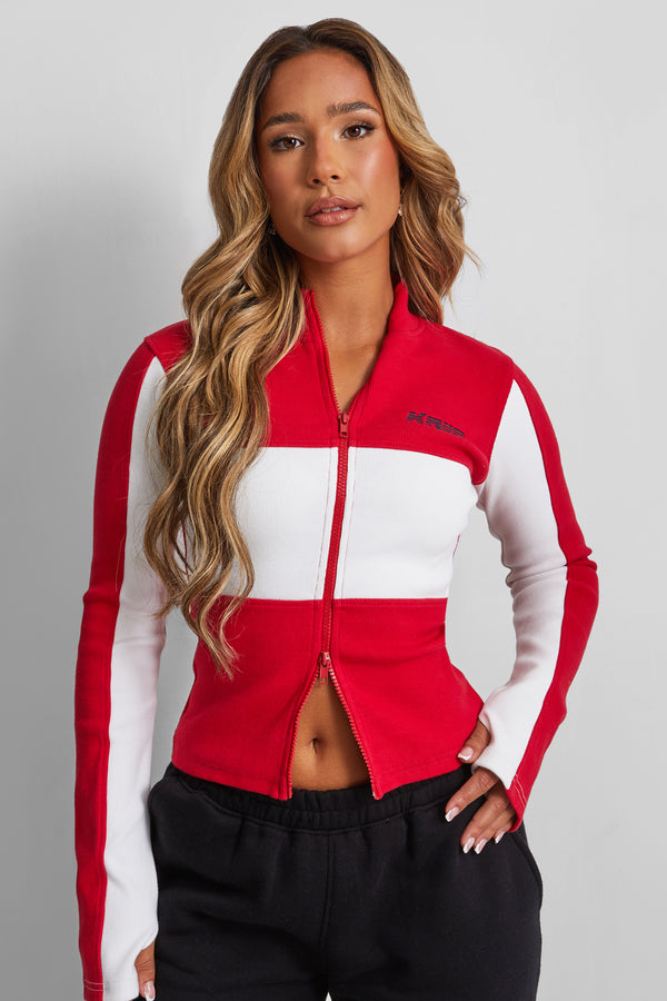 Kaiia Motocross Zip Through Ribbed Long Sleeve Top Red