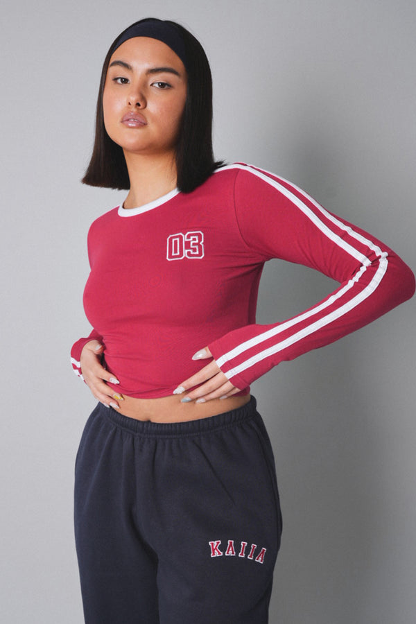 Kaiia Sporty Long Sleeve Tee with Contrast Binding in Red and White