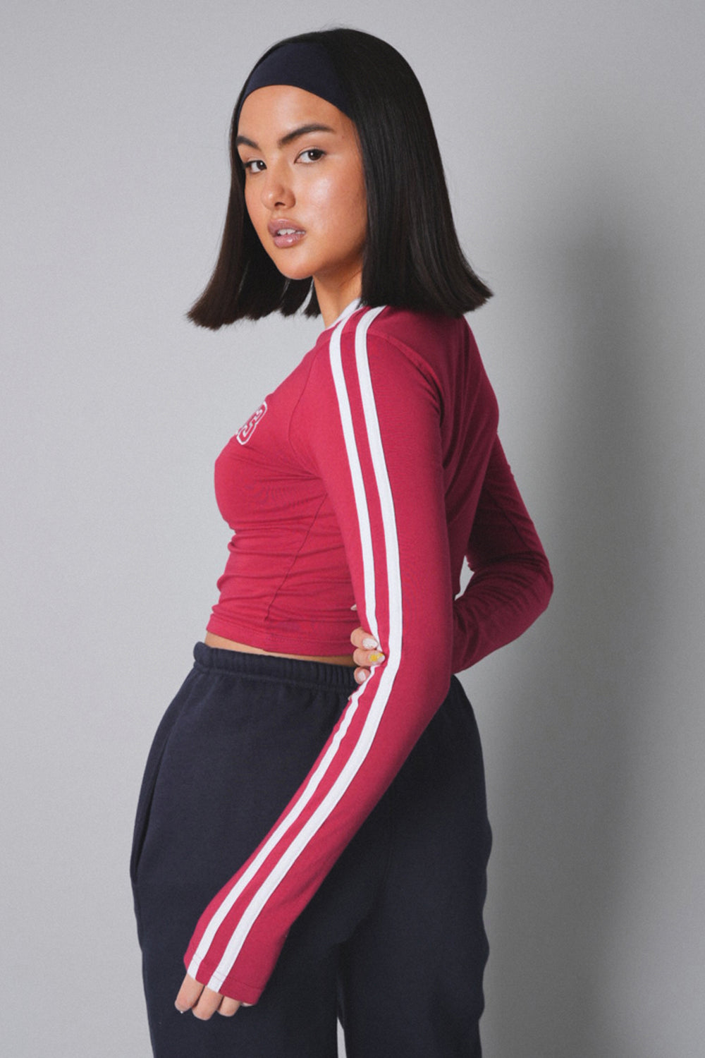 Kaiia Sporty Long Sleeve Tee with Contrast Binding in Red and White