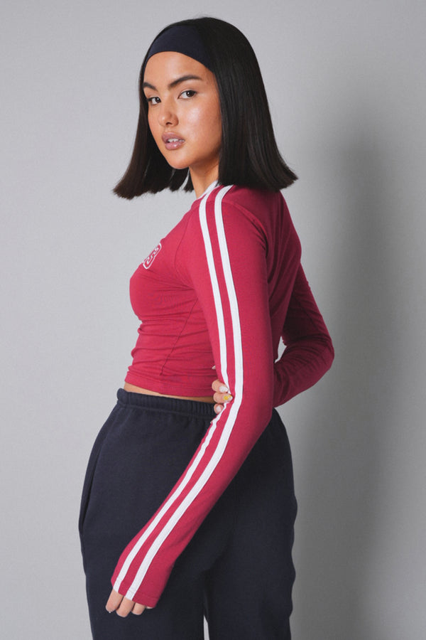 Kaiia Sporty Long Sleeve Tee with Contrast Binding in Red and White