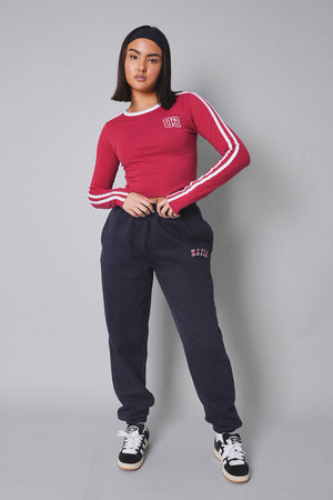 Kaiia Sporty Long Sleeve Tee with Contrast Binding in Red and White