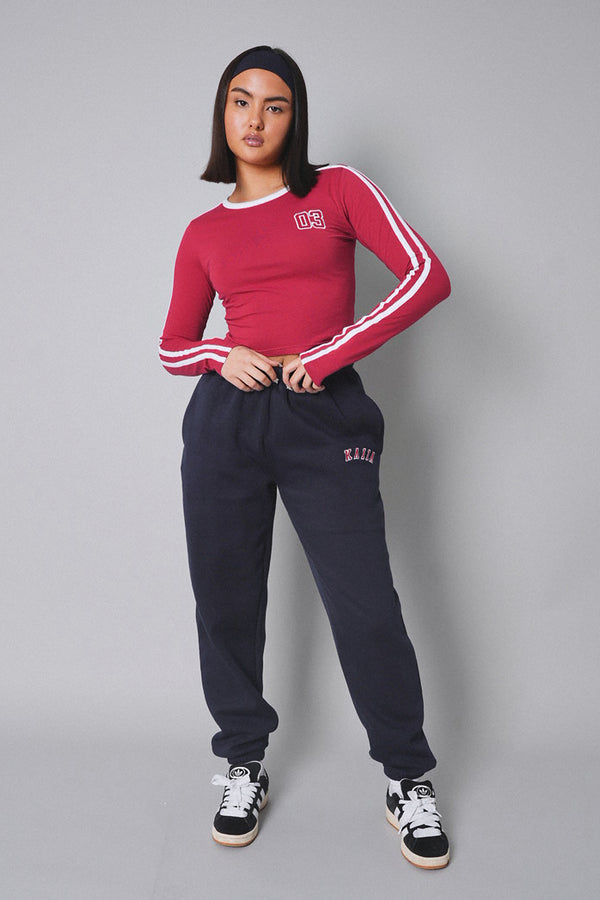 Kaiia Sporty Long Sleeve Tee with Contrast Binding in Red and White