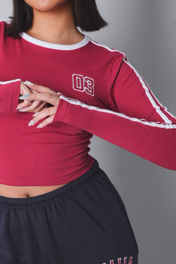 Kaiia Sporty Long Sleeve Tee with Contrast Binding in Red and White