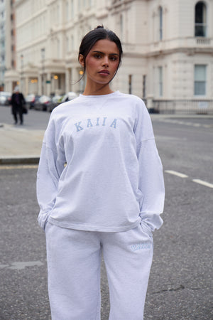 Kaiia Cotton Long Sleeve Oversized T-shirt Light Grey Marl & Light Blue