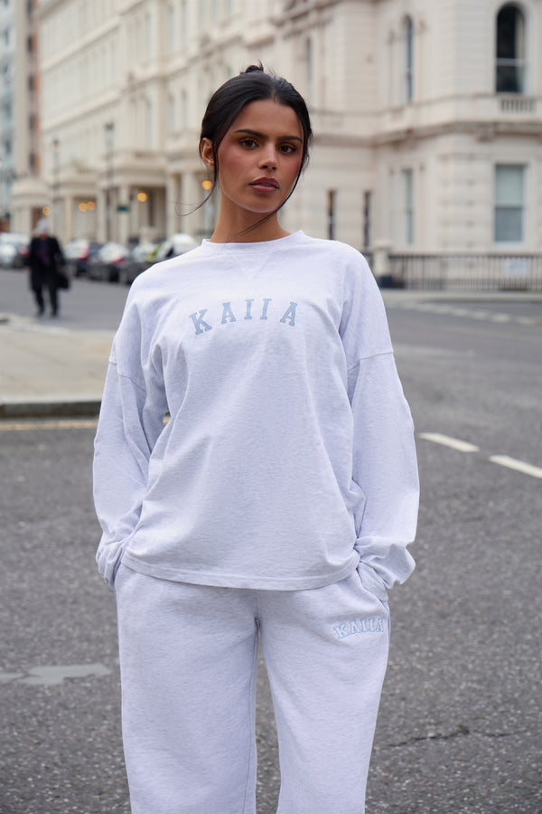 Kaiia Cotton Long Sleeve Oversized T-shirt Light Grey Marl & Light Blue