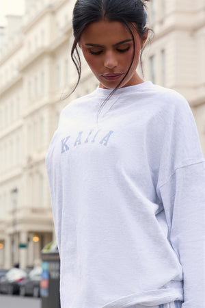 Kaiia Cotton Long Sleeve Oversized T-shirt Light Grey Marl & Light Blue