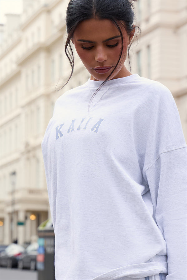 Kaiia Cotton Long Sleeve Oversized T-shirt Light Grey Marl & Light Blue