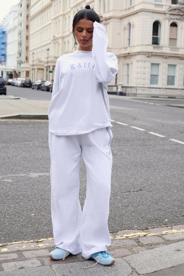 Kaiia Cotton Long Sleeve Oversized T-shirt Light Grey Marl & Light Blue