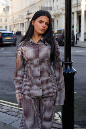 Kaiia Woven Check Fitted Shirt Chocolate Brown