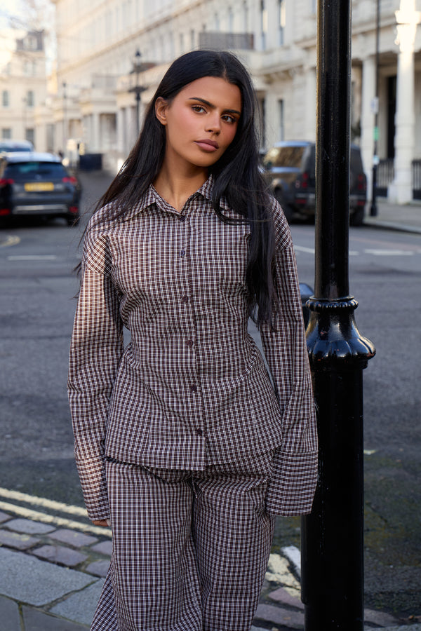 Kaiia Woven Check Fitted Shirt Chocolate Brown