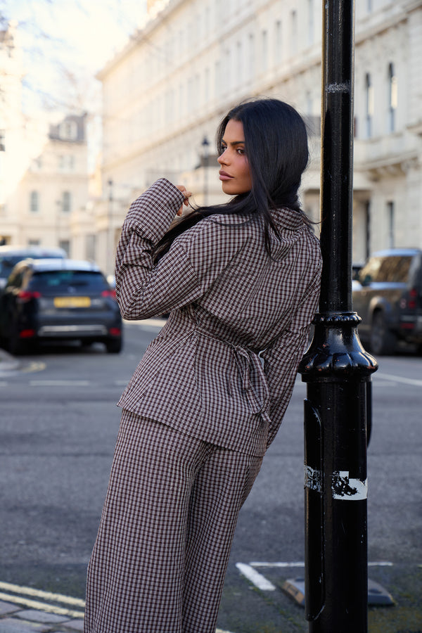 Kaiia Woven Check Fitted Shirt Chocolate Brown