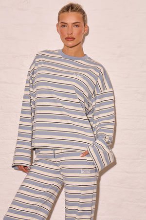 Kaiia Striped Oversized Long Sleeve T-shirt Soft Blue & Yellow