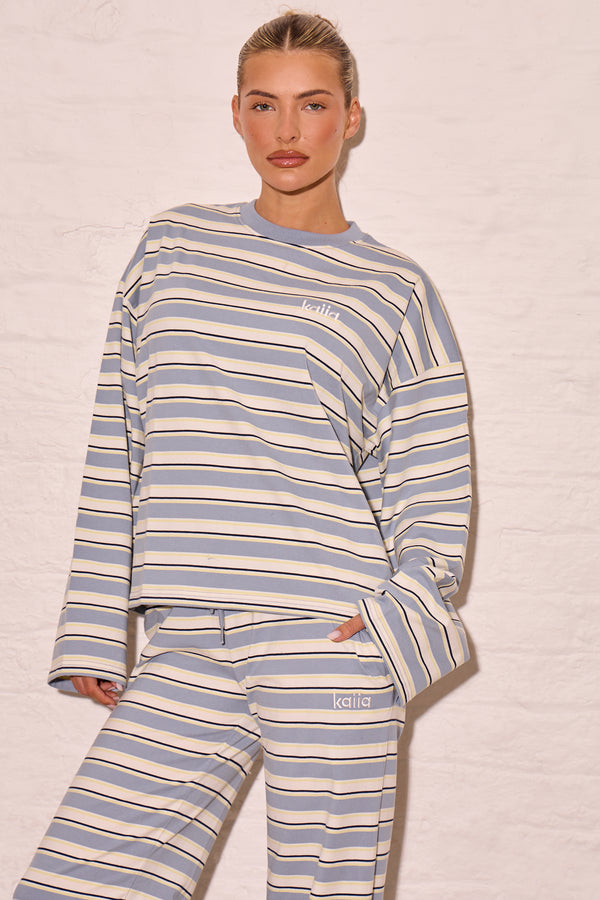 Kaiia Striped Oversized Long Sleeve T-shirt Soft Blue & Yellow