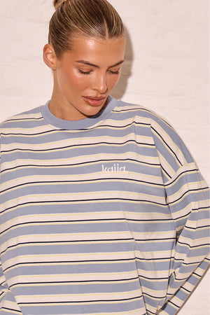Kaiia Striped Oversized Long Sleeve T-shirt Soft Blue & Yellow