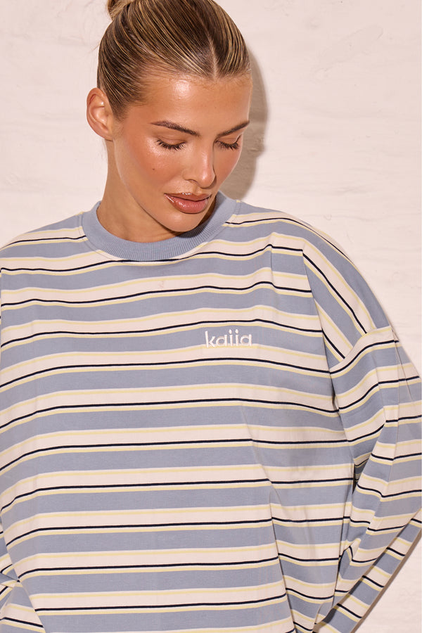 Kaiia Striped Oversized Long Sleeve T-shirt Soft Blue & Yellow