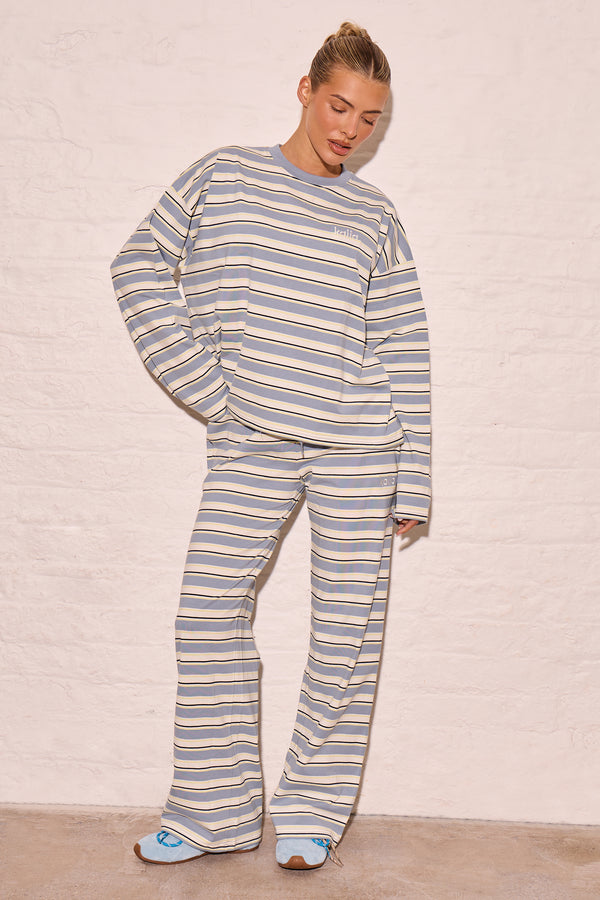 Kaiia Striped Oversized Long Sleeve T-shirt Soft Blue & Yellow