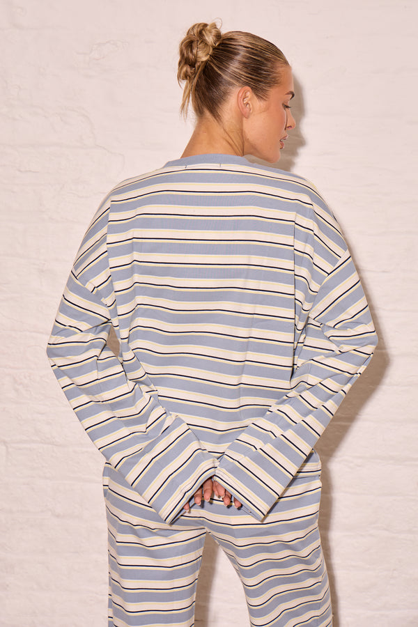 Kaiia Striped Oversized Long Sleeve T-shirt Soft Blue & Yellow