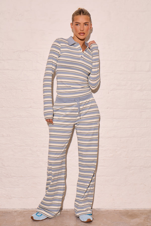 Kaiia Striped Long Sleeve Polo Top Soft Blue & Yellow