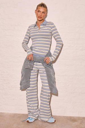 Kaiia Striped Long Sleeve Polo Top Soft Blue & Yellow