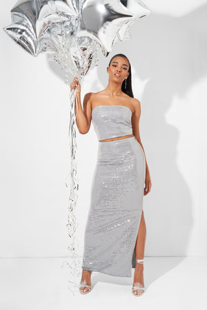 Sequin Maxi Skirt Grey