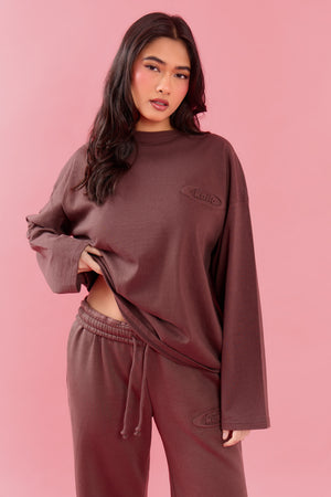 Kaiia Oval Embossed Oversized Long Sleeve T-shirt Cocoa Brown